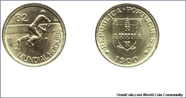 Portugal, 1 escudo, 1983, Ni-Brass, Mundial, Hoquei '82.                                                                                                                                                                                                                                                                                                                                                                                                                                                            