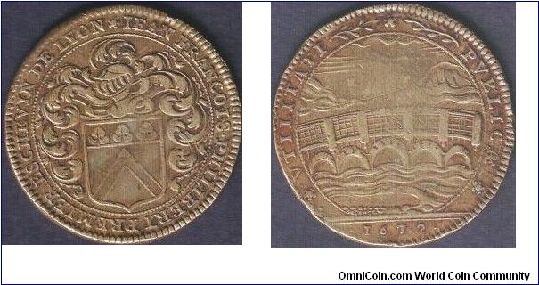 Copper jeton, issued for Jean Francois Philbert, senior Sherrif of Lyon in 1672. There were four Sherrifs for the city of Lyon.