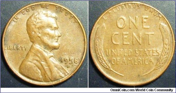 US 1958 1 cent, mintmark D. Special thanks to slowlybutsurely! Still in a nice condition.