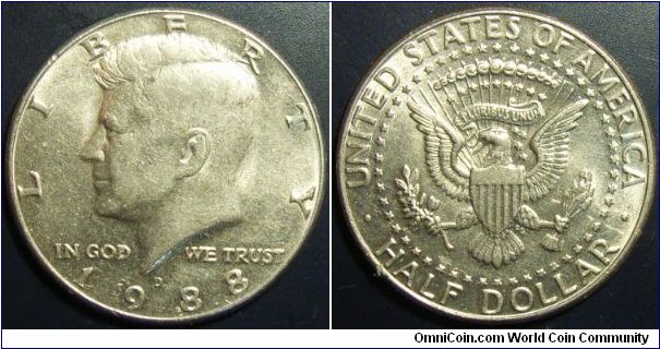 US 1988 half dollar, mintmark D. Special thanks to slowlybutsurely!