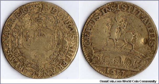 Base metal jeton dated 1617 (Louis XIII). Obverse shows paired shields of France and Navaree. Reverse shows king on horseback crossing bridge.