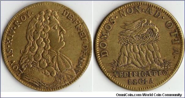 Undated base metal jeton issued for the administrators of the king's properties (bastiments due roi)in 1681. Louis XIV obverse, eagle on nest reverse.