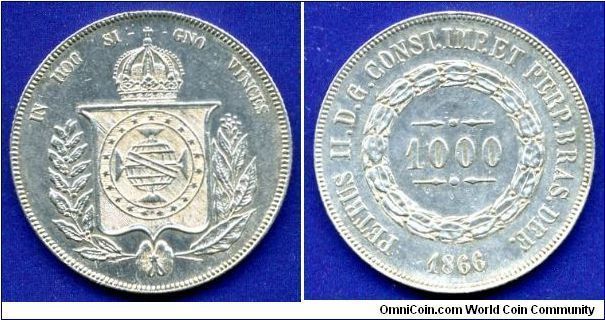 1000 reis.
Imperio Do Brazil.
D. Pedro II (1831-1889) Constitucional imperador do Brasil.


Ag917f. 12,75gr.