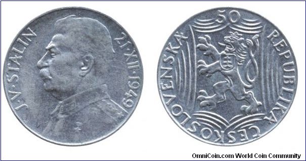 Czechoslovakia, 50 koruns, 1949, Ag, J. V. Stalin, 70th Birthday of Stalin.                                                                                                                                                                                                                                                                                                                                                                                                                                         