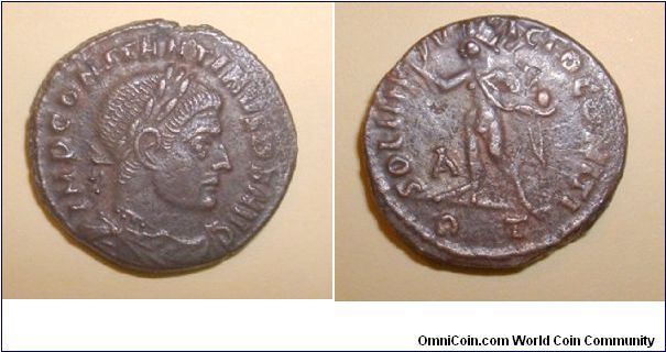 Constantine the Great AE3. IMP CONSTANTINVS P F AVG, laureate, draped & cuirassed bust right / SOLI INVICTO COMITI, Sol standing left, chlamys across left shoulder, holding globe, right hand raised, A to left. RT in ex. Rome mint. Mm 19.1 grs 3,4