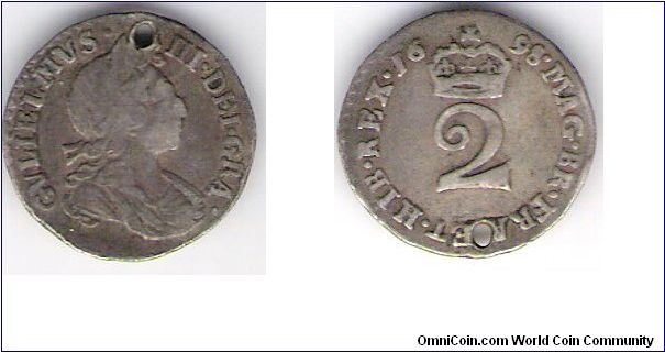 William III (of Orange) 2 pence silver. (Maundy.)