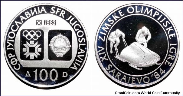 YUGOSLAVIA (SOCIALIST FEDERAL REPUBLIC)~100 Dinara 1983. Silver proof: XIV Olympiad~Sarajevo 1984-Bob Sledding.
