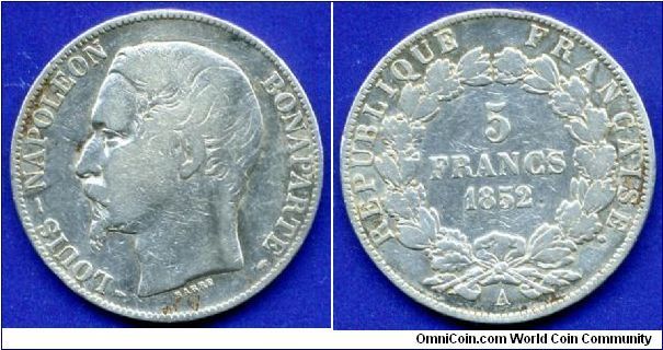 5 Francs.
Louis-Napoleon Bonoparte (1852-1870).
*Republique Francaise*.
(A) Paris mint.


Ag900f. 25gr.