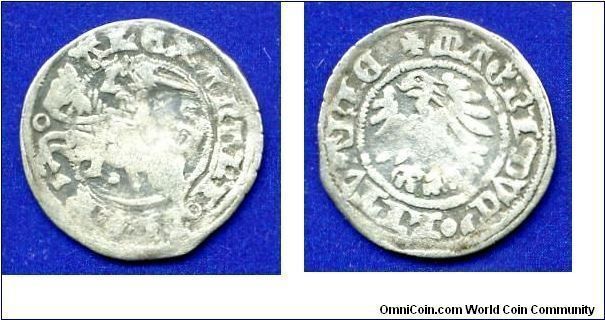 1/2 Lithuanian grosh.
1-st type.
(Folkname - Polki).
Grand Duchy of Lithuania. 
Alexander Yagellon (1492-1505).

Ag375f. 1,25gr.