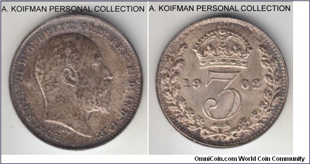 KM-797.1, 1902 Great Britain 3 pence; silver, plain edge; Edward VII first year of mintage, heavily toned uncirculated, interestingly 2 in date had been re-cut on the right outer bend.