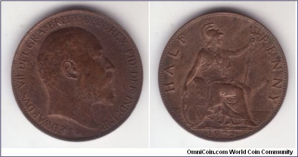 KM-793.2, 1902 Great Britain half penny; although it is good extra fine for wear it appears to have been cleaned after turning rusty; just not as good looking as the scan suggests.
