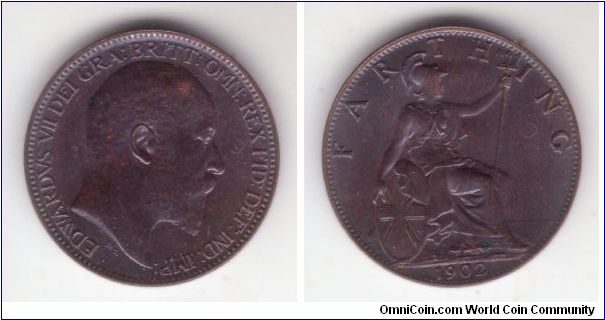 KM-792, 1902 Great Britain farthing; blackened finish, flatly struck face Britannia's face and chest but uncurculted with a couple of unfortunate verdigry spots, one is brightly shown on the King's forehead on obverse.