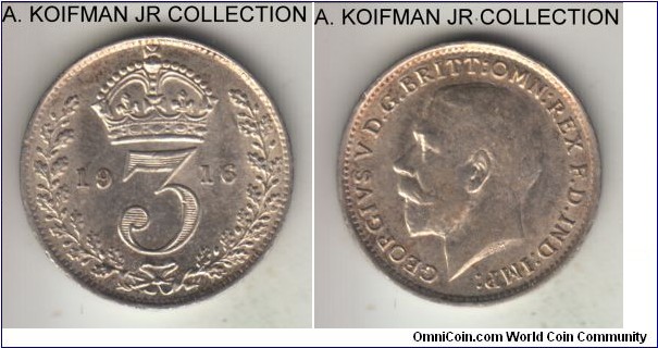 KM-813, 1916 Great Britain 3 pence; silver, plain edge; George V, large mintage war time year, uncirculated or almost.