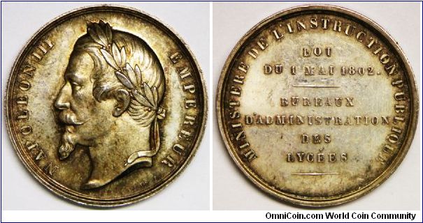 France, Napoleon III, Department of administration of secondary schools, silver medal, 1862. AU.