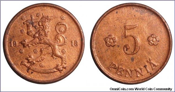 FINLAND (REPUBLIC)~5 Pennia 1918. First independent issue.