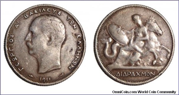 GREECE (KINGDOM)~2 Drachmai 1911. Under King: George I.