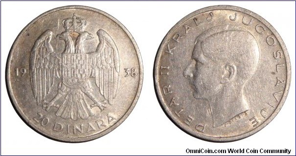 YUGOSLAVIA (KINGDOM)~20 Dinara 1938. Under King: Peter Karadjordjevic.