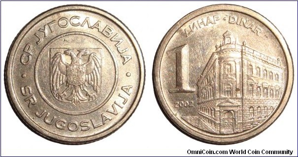 YUGOSLAVIA (FEDERAL REPUBLIC)~1 Dinar 2002. Last issue for Yugoslavia.