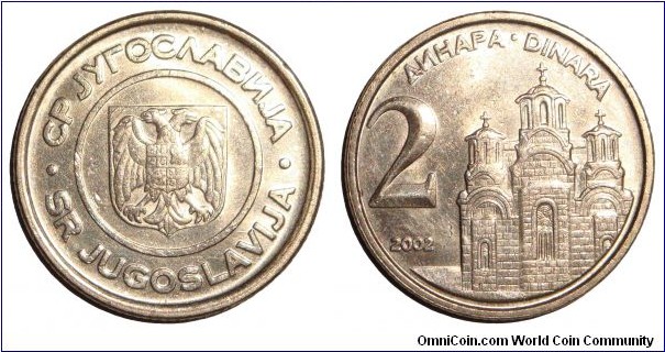 YUGOSLAVIA (FEDERAL REPUBLIC)~2 Dinara 2002. Last issue for Yugoslavia.