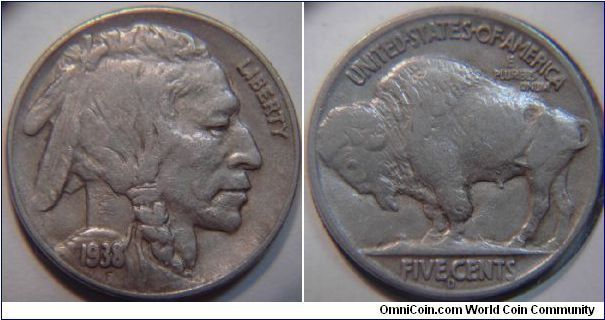1938 D over S Mint Mark Variety Indian Head Nickel (Buffalo)