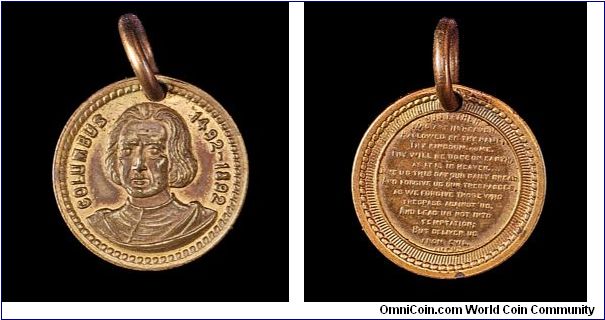 World's Columbian Exposition souvenir. Columbus/Lord's Prayer medal. 13 mm