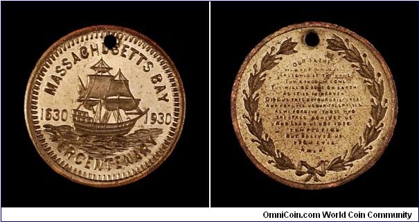 Massachusetts Bay Tercentenary Lord's Prayer medal. 19 mm