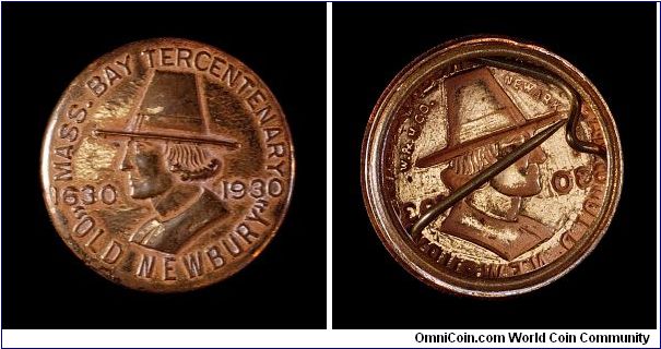 Massachusetts Bay Tercentenary brass pinback.