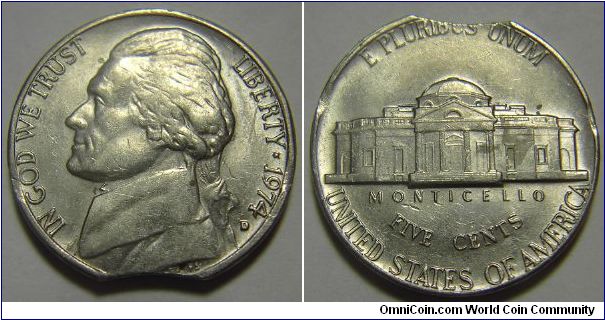1974D Jefferson Nickel, Triple Clipped