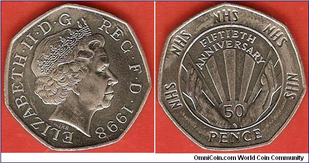 50 pence
50th anniversary of National Health Service
effigy of Elisabeth II by Ian Rank-Broadley
small flan
copper-nickel