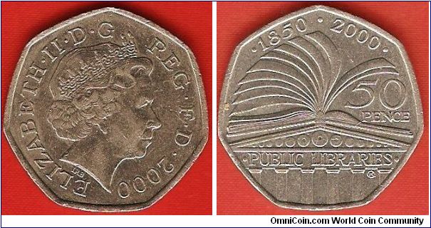 50 pence
150th anniversary of Public Library
effigy of Elisabeth II by Ian Rank-Broadley
small flan
copper-nickel