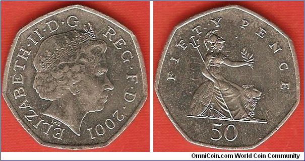 50 pence
Brittannia
effigy of Elisabeth II by Ian Rank-Broadley
small flan
copper-nickel