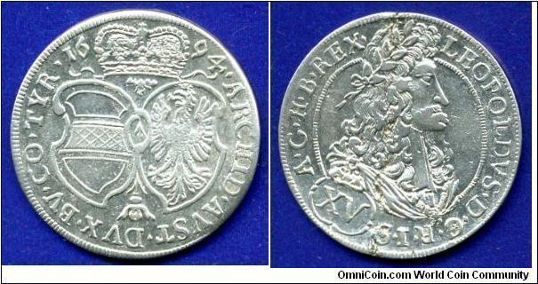 15 kreuzer.
Tyrol.
Leopold I (1658-1705) emperor of Holy Roman empire.
Hall mint.


Ag.