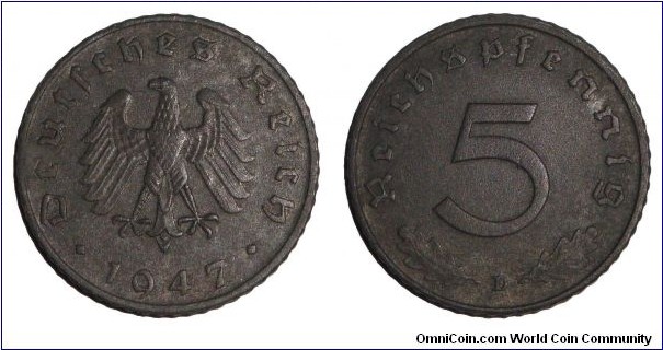 GERMANY (ALLIED OCCUPATION)~5 Reichspfennig 1947 D. Mint: Munich.