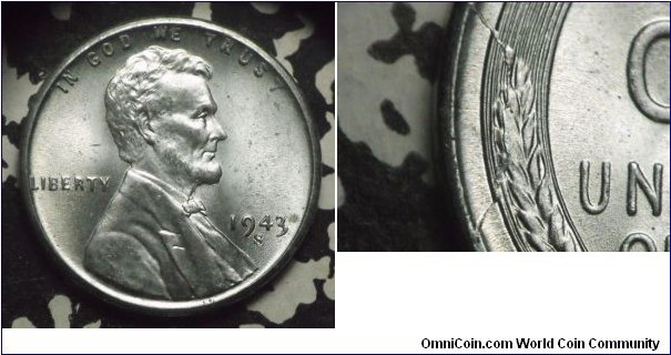 1943S Lincoln Cent (Wheat Back) (Steel)Retained Cud Reverse