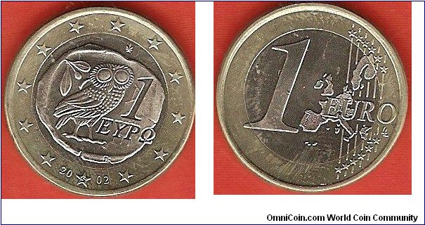 1 euro
ancient drachma with owl of Pallas Athena
bimetal