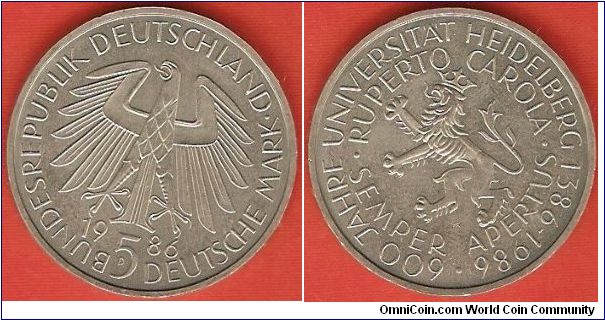 5 mark
600th anniversary of Heidelberg University
copper-nickel