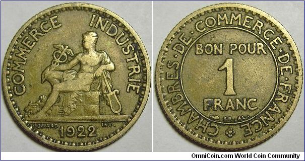 1922 CHAMBRES DE COMMERCE DE FRANCE BON POUR 1 FRANC