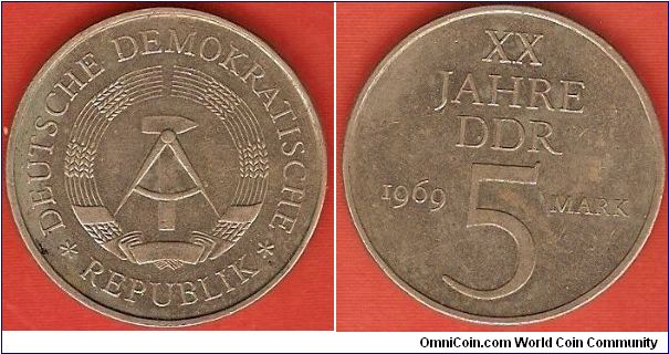 German Democratic Republic (East Germany)
5 mark
20th anniversary of GDR
nickel-bronze