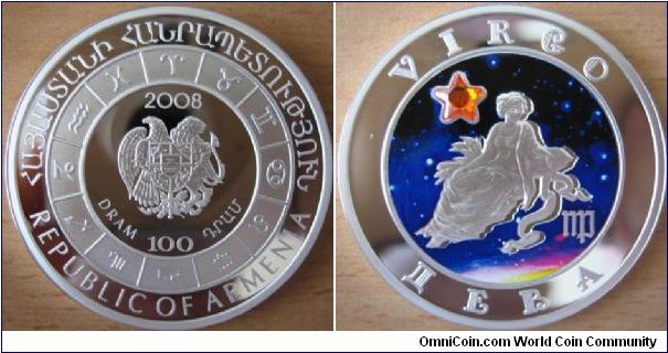 100 Dram - Zodiac sign Virgo - 28.28 g Ag 925 UNC (with orange zircon) - mintage 12,000