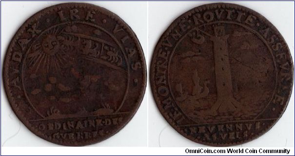 copper `mule' jeton. An interesting piece as it has been struck using two reverse dies for different administrations. On one side we have a reverse for the `ordinaire des guerres' first issued in 1666. The other side is of a jeton issued in 1676 for the `revenus casuels'. The inscriptions are also mis-spelled.