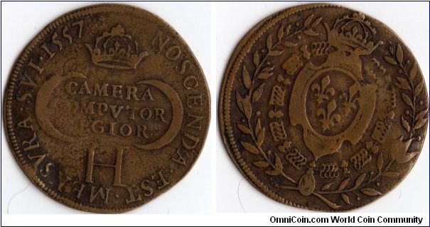 Early french jeton issued in 1557 during the reign of Henri II for the Chambre des Comptes (The Treasury)and used as a counting token. This one is in an unusually good state of preservation.
