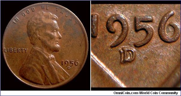 1956D Lincoln Cent, Re-punched mint mark, Strong re-punch southwest of the primary mint mark
