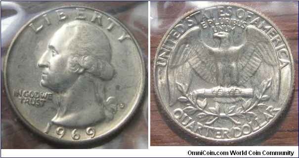Washington Quarter Dollar, 1969D
Uncirculated Mint Set 1969