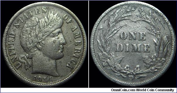 1914D Barber Dime,
Cleaned, Pitting