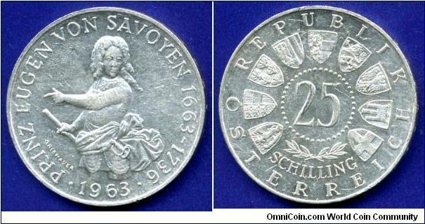 25 shillings.
Austrian Republica.
Prince Eugen von Savoyen (1663-1736).


Ag800f. 13gr.