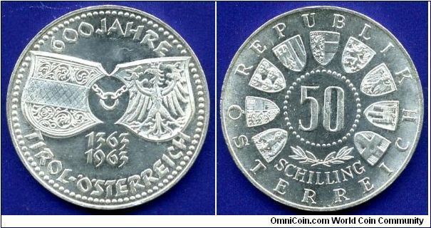 50 shillings.
Austrian Republica.
600th anniversary of the Austrian Tyrol 1363-1963.


Ag900f. 20gr.