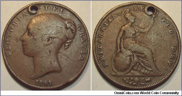 1841 Victoria Penny, Young Head issue, Holed