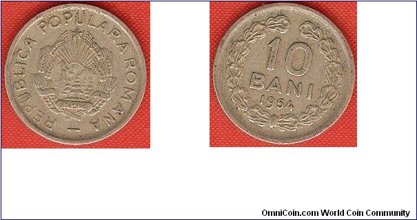 Peoples Republic
10 bani
with star at top of arms
legend ROMANA
copper-nickel