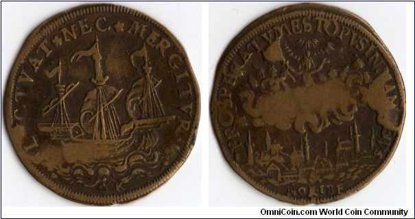 Jeton issued for the Municipality of Paris in 1584 (struck at Nuremberg). Obverse Arms of Paris (sailing ship). Reverse shows `Charity' in the clouds distributing wealth to the city (manna from heaven)