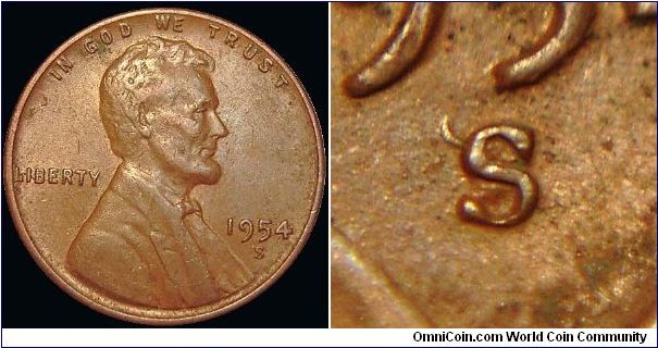 1954S Lincoln Cent, Re-punched Mint Mark, Wide North West Separation of the upper curve